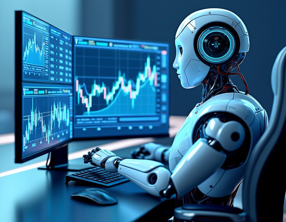 A humanoid AI trading bot analyzes crypto data at a high-tech workstation with bright screens.