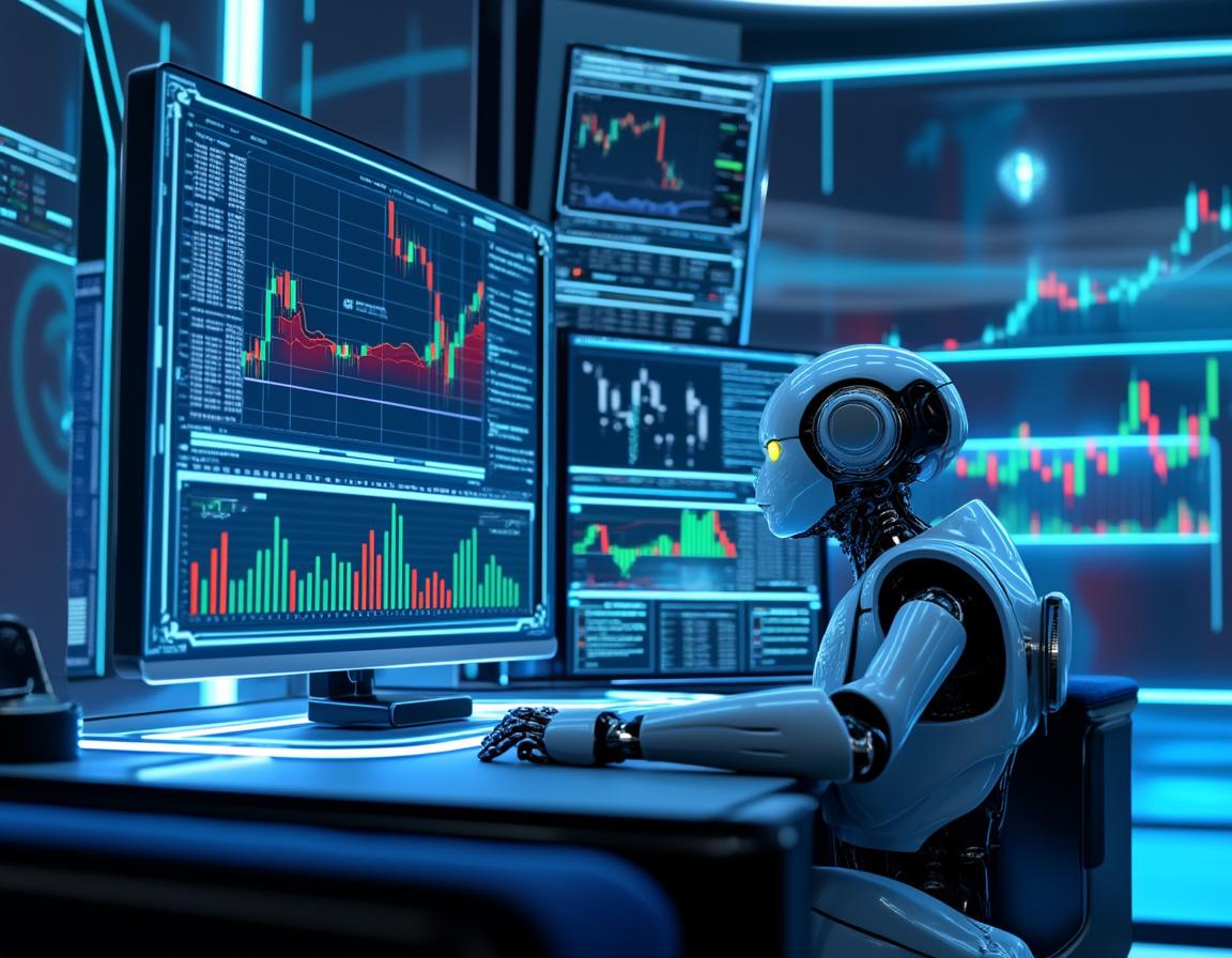 A hyper-realistic AI trading bot at a high-tech workstation analyzing multiple market charts.