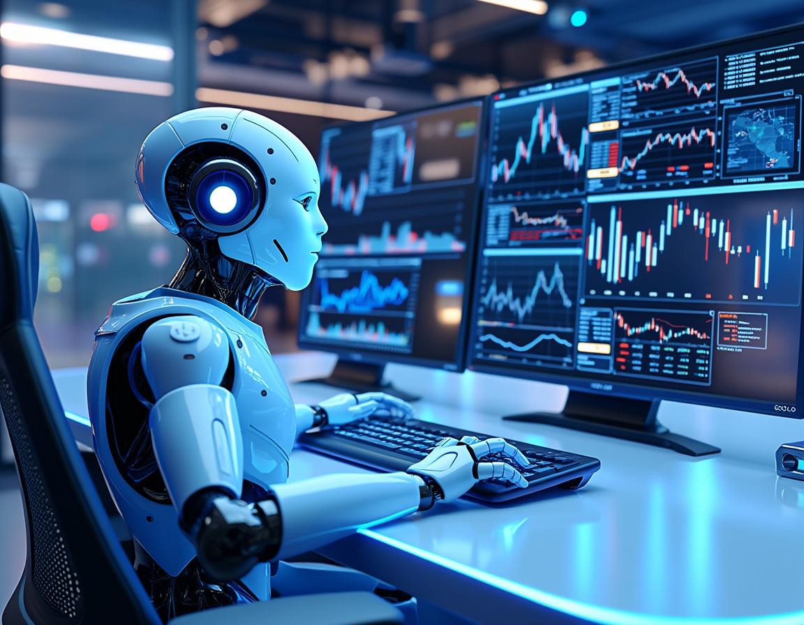 A sleek humanoid AI trading bot at a high-tech workstation analyzing crypto and stock market data.