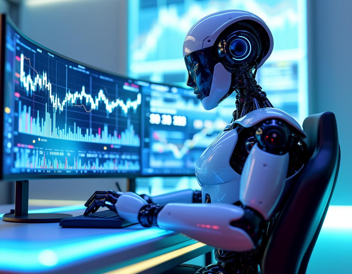 A hyper-realistic AI trading bot in a high-tech setting, analyzing market data on multiple screens.