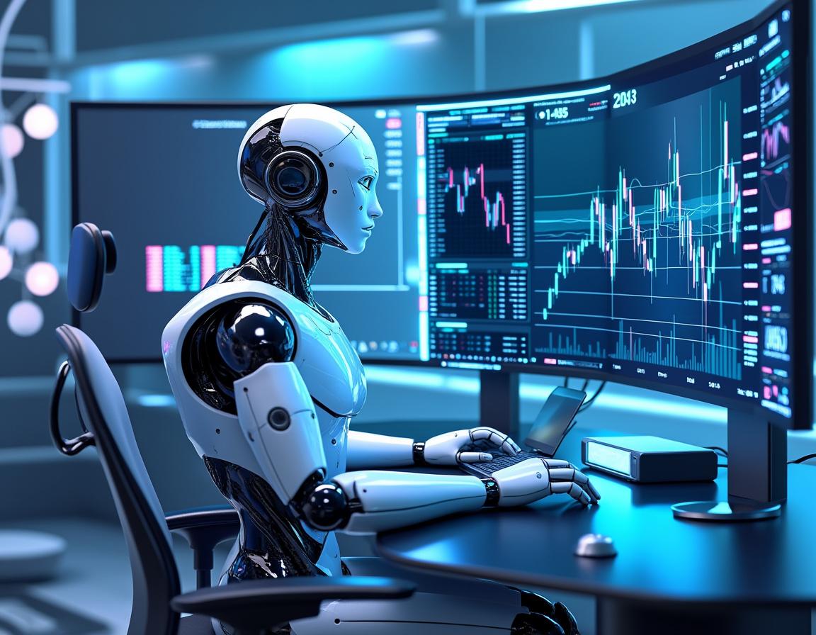 A hyper-realistic AI trading bot operates at a workstation, analyzing crypto and stock market data.