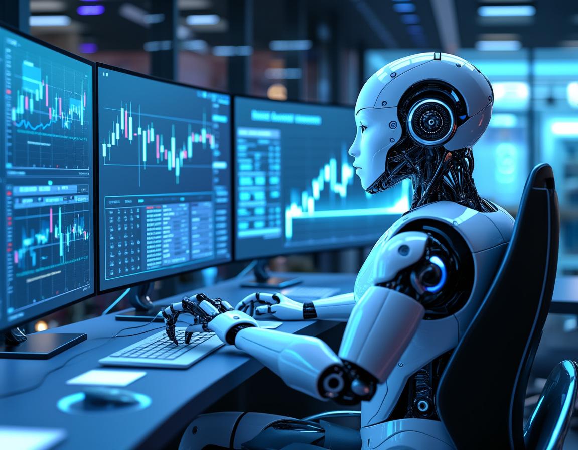 A hyper-realistic AI trading bot at a workstation, analyzing market data on glowing screens.