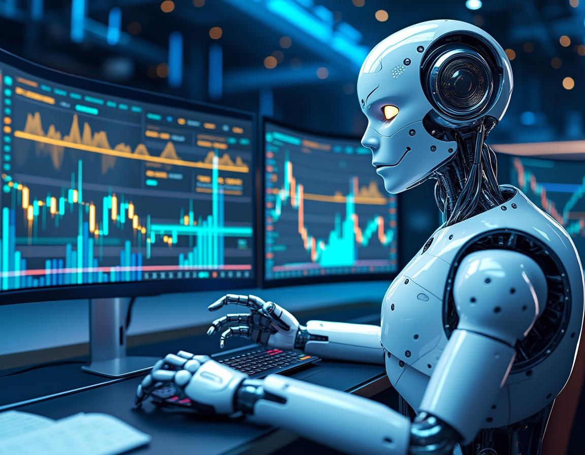 A hyper-realistic AI trading bot in a futuristic workspace analyzes market data on multiple screens.