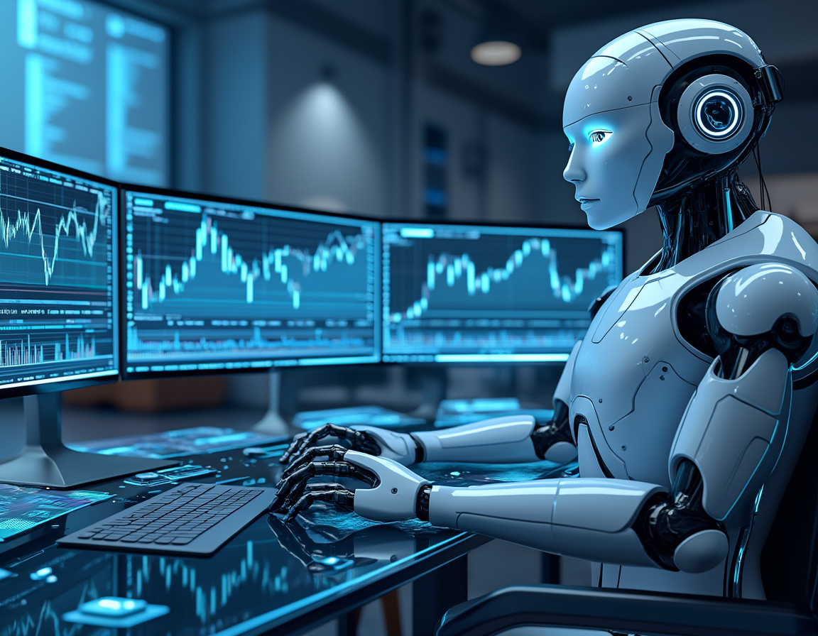 A hyper-realistic AI trading bot at a high-tech workstation analyzing stock and crypto market data.