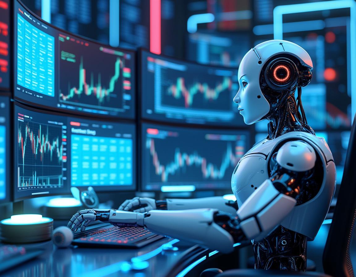 A hyper-realistic AI trading bot analyzes market data on multiple screens in a futuristic setting.