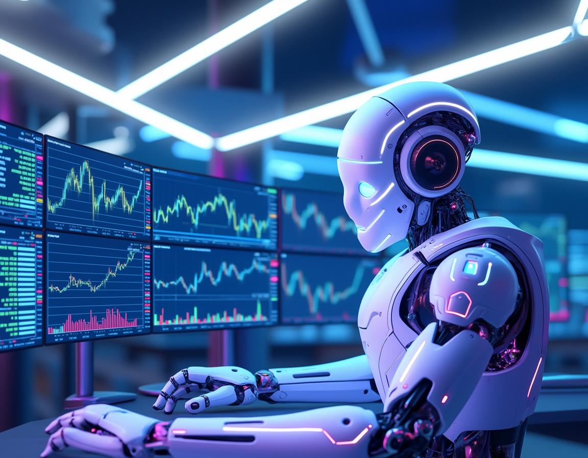 A hyper-realistic AI trading bot at a workstation, analyzing market data across multiple screens.