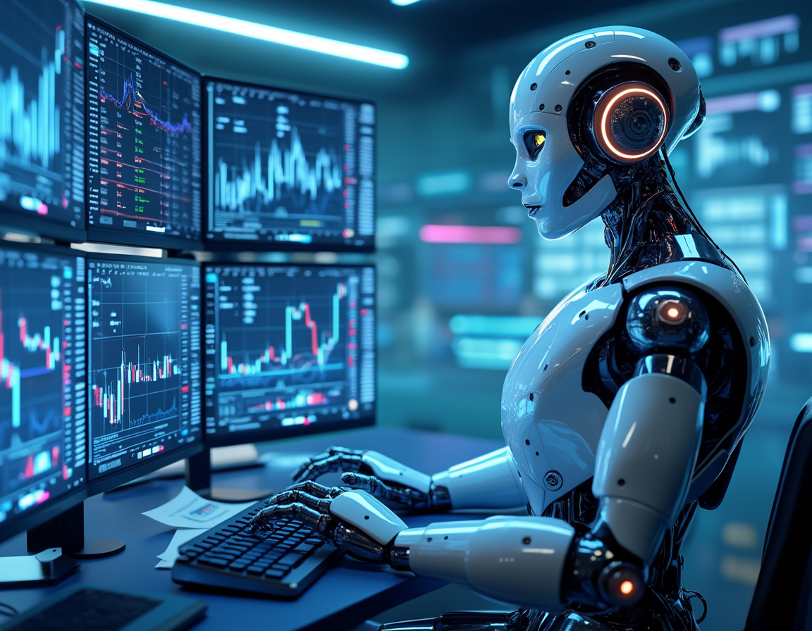 A hyper-realistic AI trading bot analyzes data at a futuristic workstation with multiple screens.