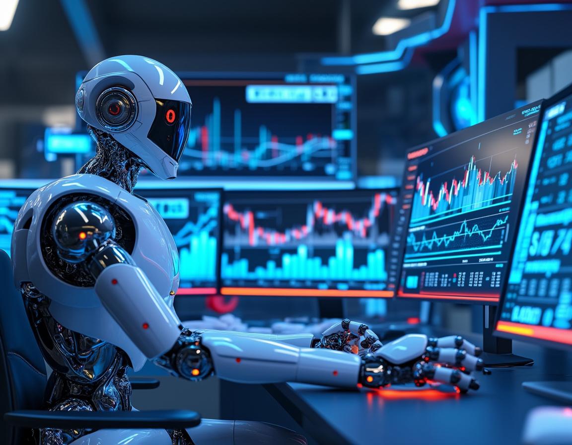 A hyper-realistic AI trading bot at a high-tech workstation analyzing stock and crypto market data.