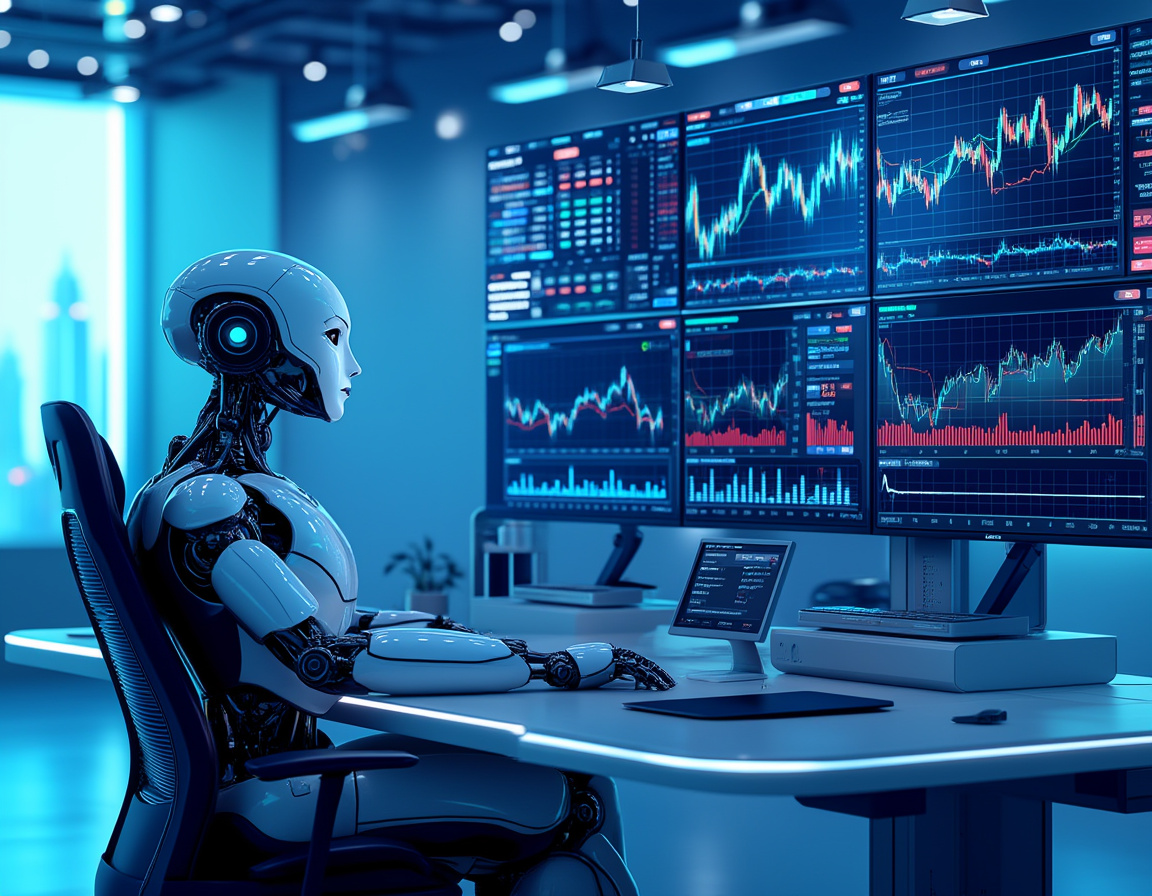 A humanoid AI trading bot at a high-tech workstation, analyzing market data on multiple screens.