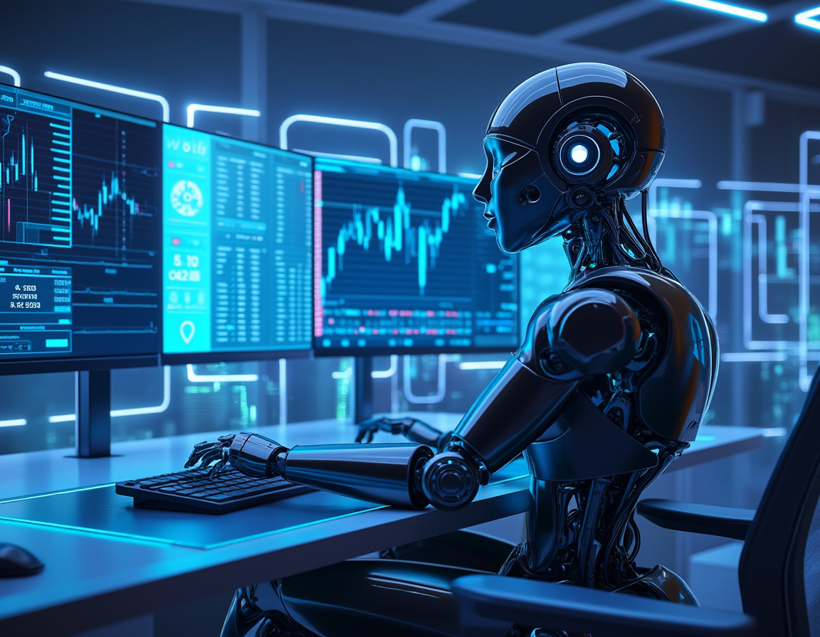 Hyper-realistic AI trading bot in futuristic workspace analyzing market data on multiple screens.