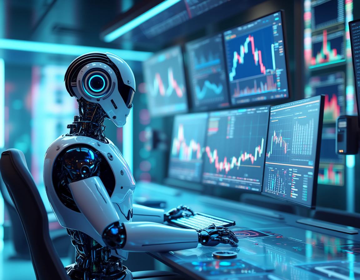 A humanoid AI trading bot at a high-tech workstation analyzes market data across glowing screens.