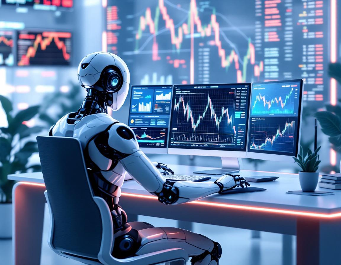 A hyper-realistic AI trading bot at a workstation, analyzing market data on multiple screens.