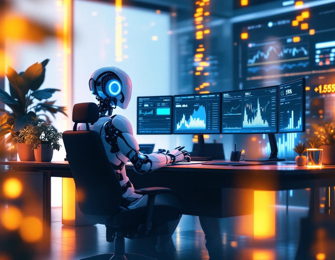 A humanoid AI trading bot at a sleek workstation analyzes market data across multiple screens.