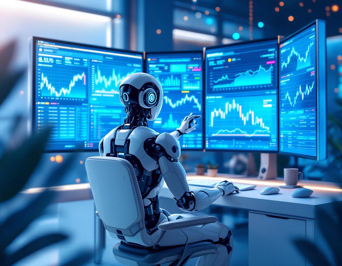 A hyper-realistic AI trading bot analyzes market data at a high-tech station, surrounded by screens.