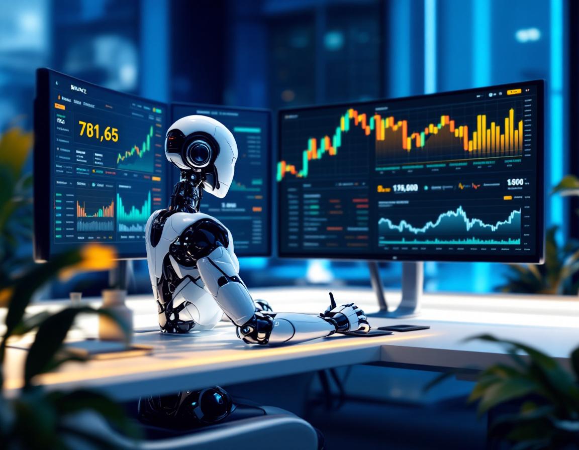 A hyper-realistic AI trading bot at a futuristic workstation analyzing crypto and stock market data.