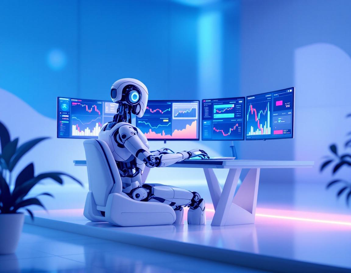 A futuristic AI trading bot analyzes market data at a sleek workstation with glowing interfaces.