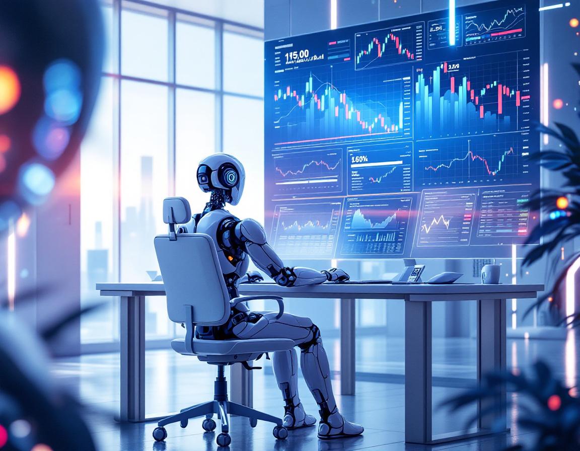 A hyper-realistic AI trading bot at a workstation, analyzing market data on multiple screens in 3D.