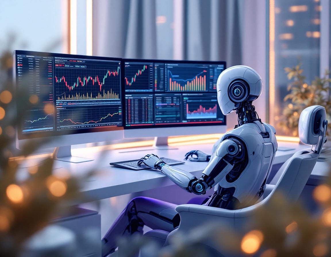 A humanoid AI trading bot analyzes market data at a high-tech workstation with multiple screens.