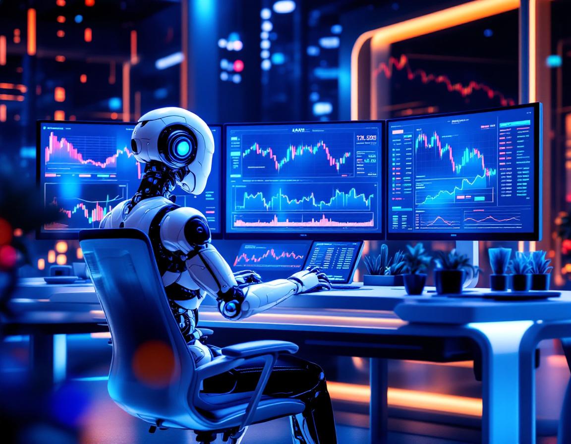 A hyper-realistic AI trading bot at a high-tech workstation analyzing crypto and stock market data.