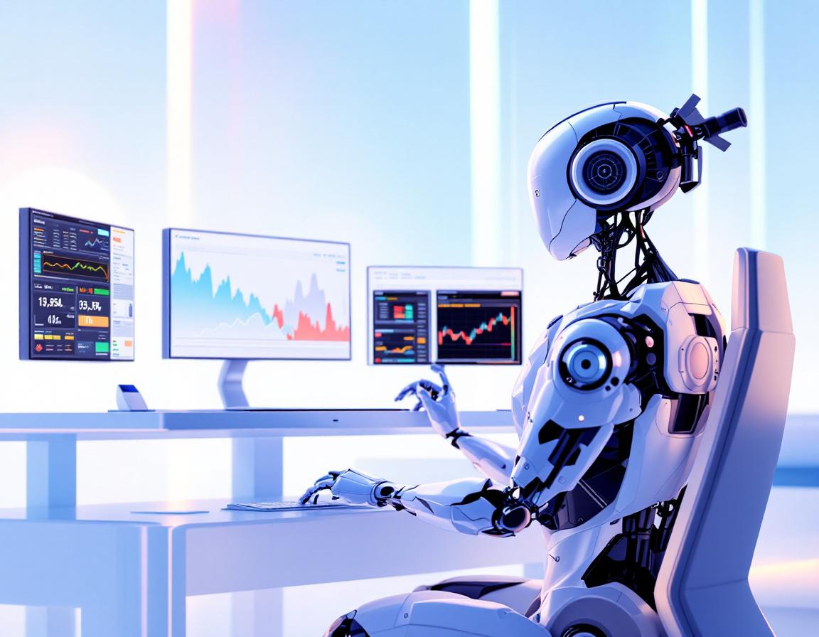 A hyper-realistic AI trading bot analyzes data at a high-tech workstation in a futuristic setting.