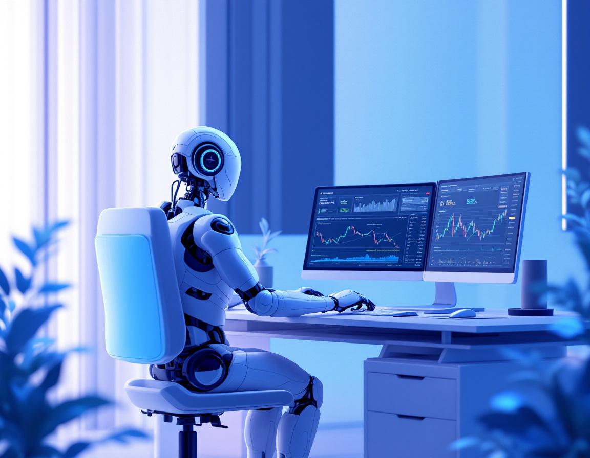 A humanoid AI trading bot analyzes market data at a high-tech workstation with multiple screens.