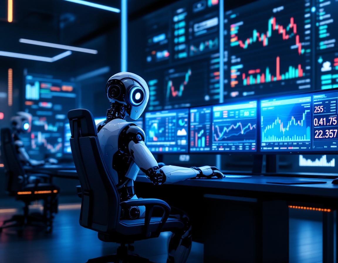 A humanoid AI trading bot at a high-tech workstation analyzes market data on multiple screens.