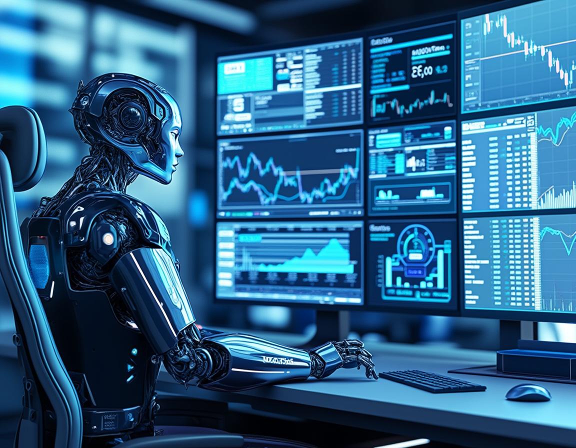 A humanoid AI trading bot at a high-tech workstation analyzes market data on multiple screens.