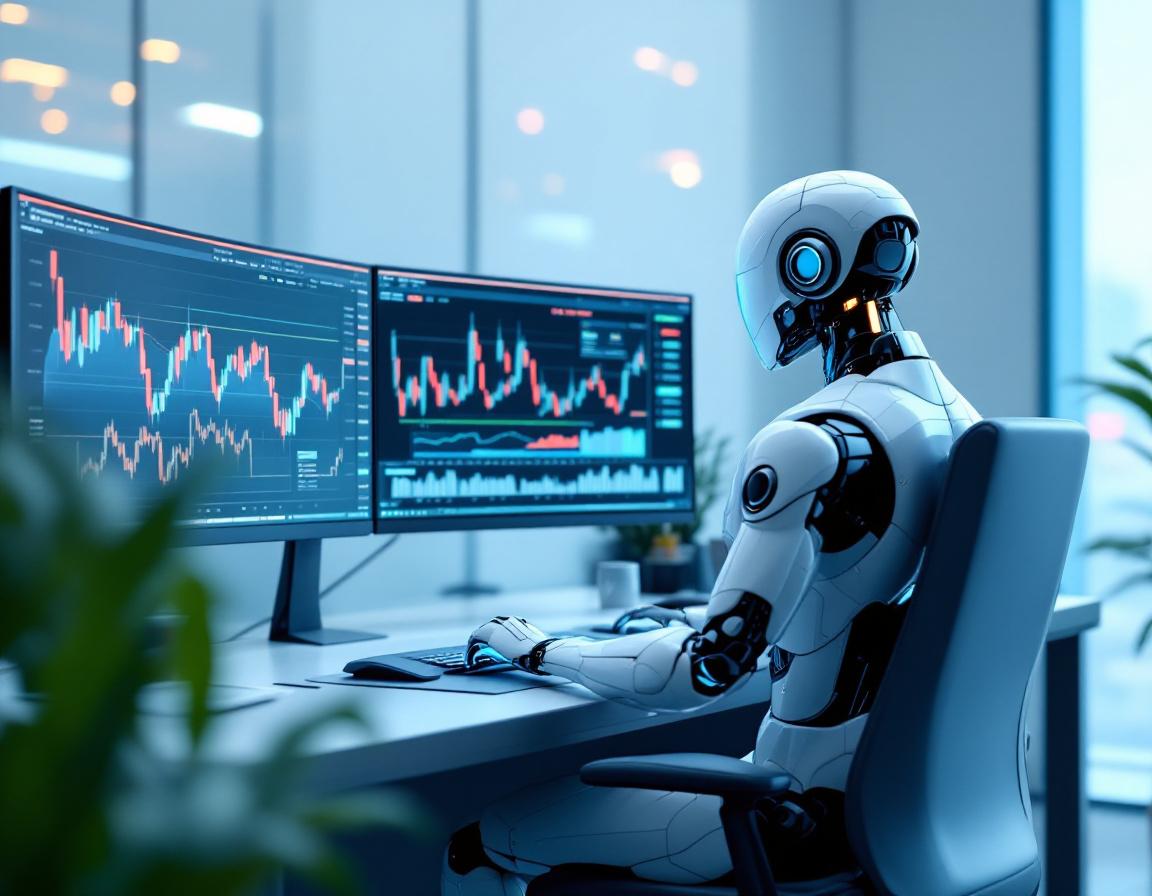 A humanoid AI trading bot analyzes market data at a high-tech workstation with colorful screens.
