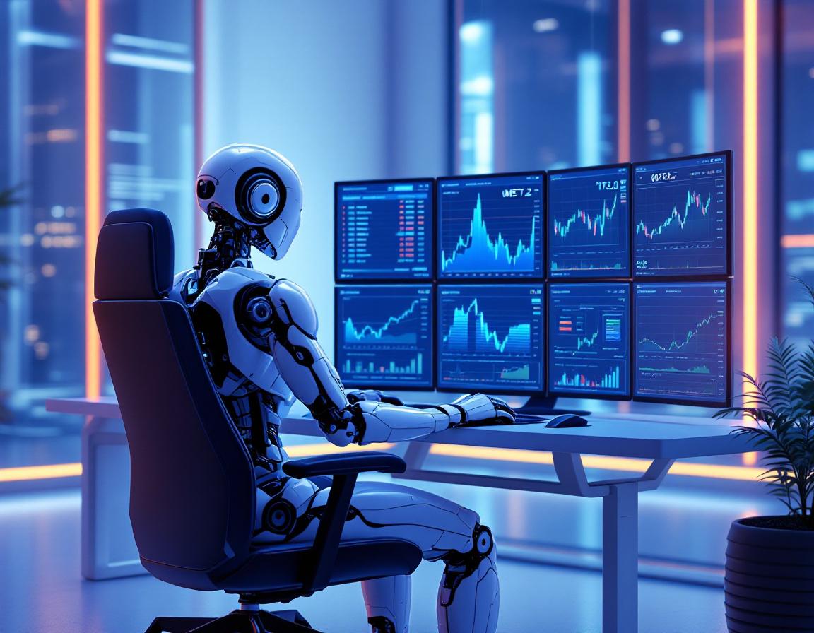 A humanoid AI trading bot analyzes market data at a sleek workstation with multiple glowing screens.