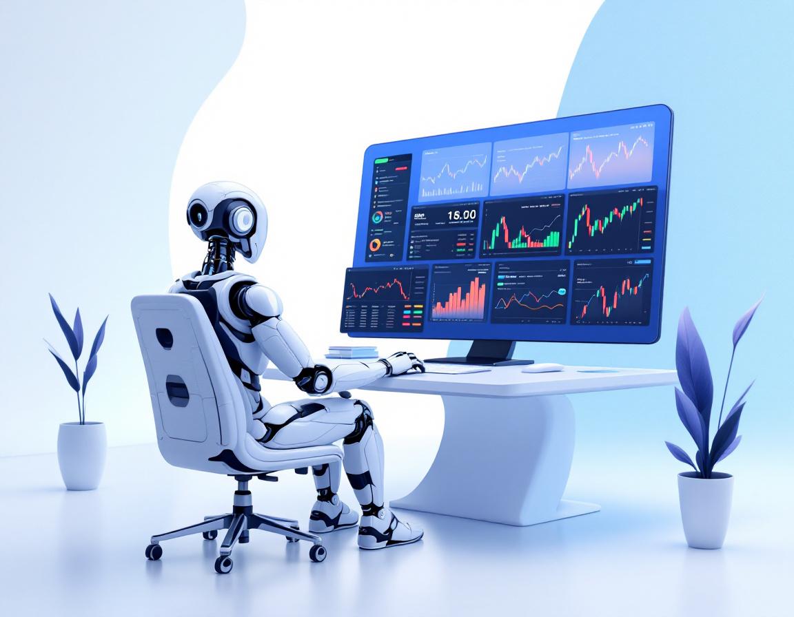 A hyper-realistic AI trading bot at a sleek workstation analyzing market data on multiple screens.