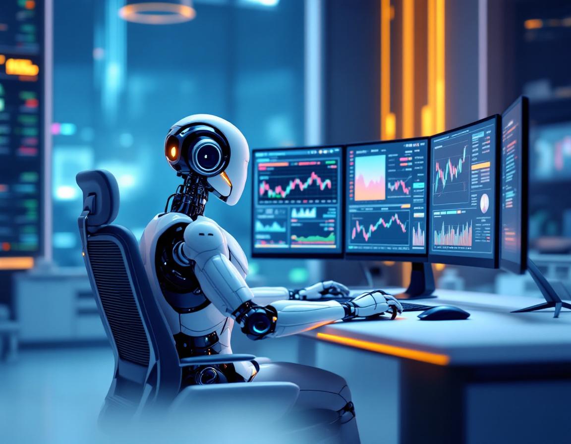 A hyper-realistic AI trading bot at a high-tech workstation analyzing crypto and stock market data.