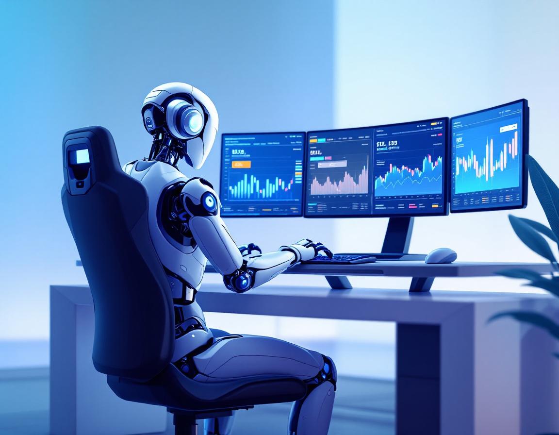 A hyper-realistic AI trading bot at a workstation, analyzing market data across multiple screens.