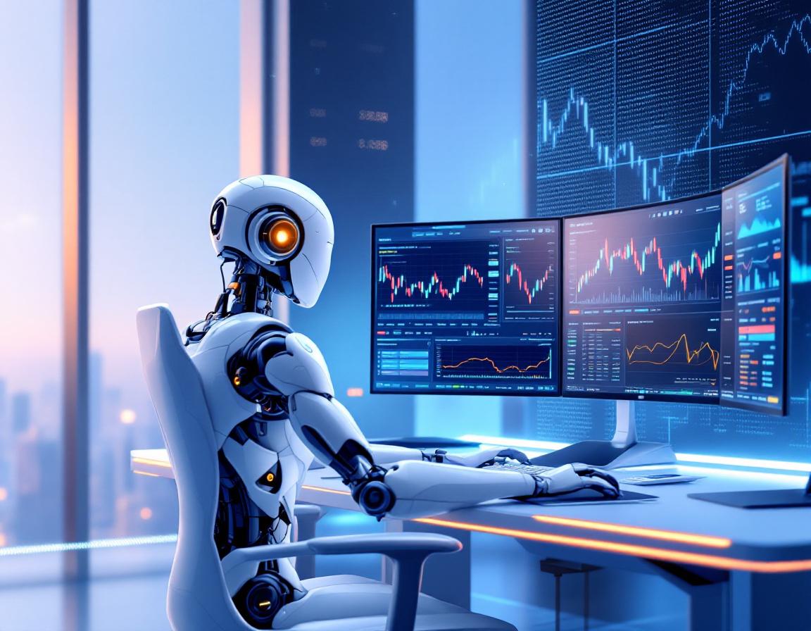 A sleek humanoid AI trading bot analyzes markets at a workstation with multiple data-rich screens.