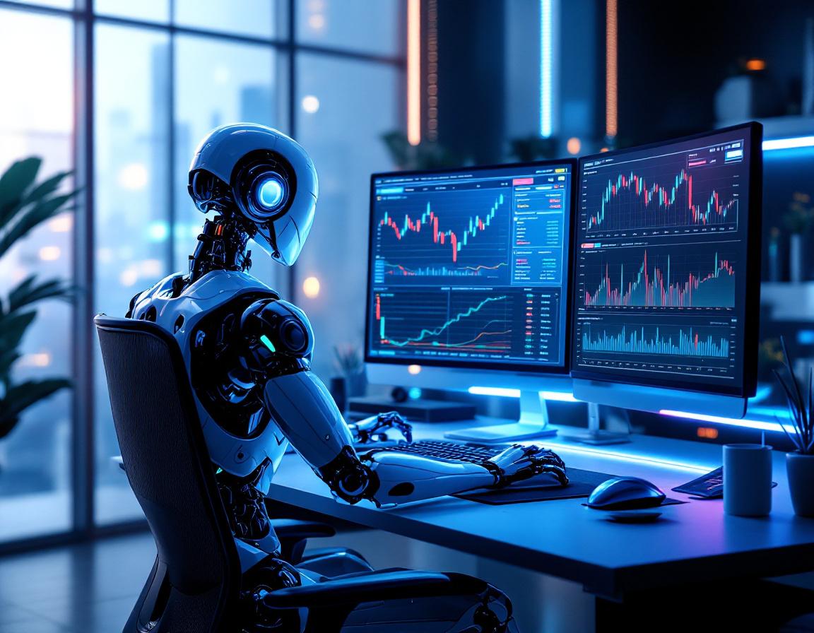 A hyper-realistic AI trading bot analyzes market data on multiple screens in a futuristic office.