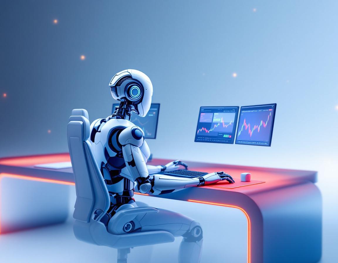 A humanoid AI trading bot in a futuristic setting, analyzing market trends on multiple screens.