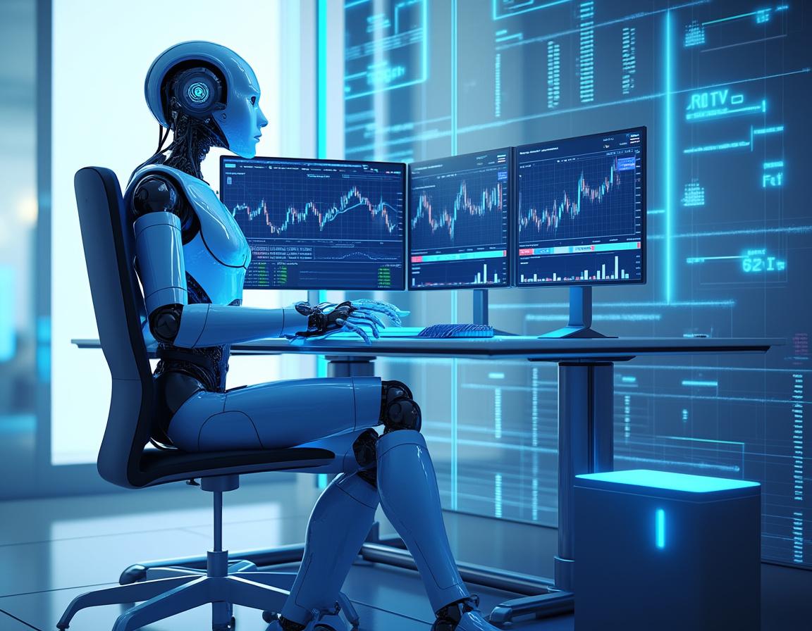 A humanoid AI trading bot at a high-tech workstation analyzing market data across multiple screens.