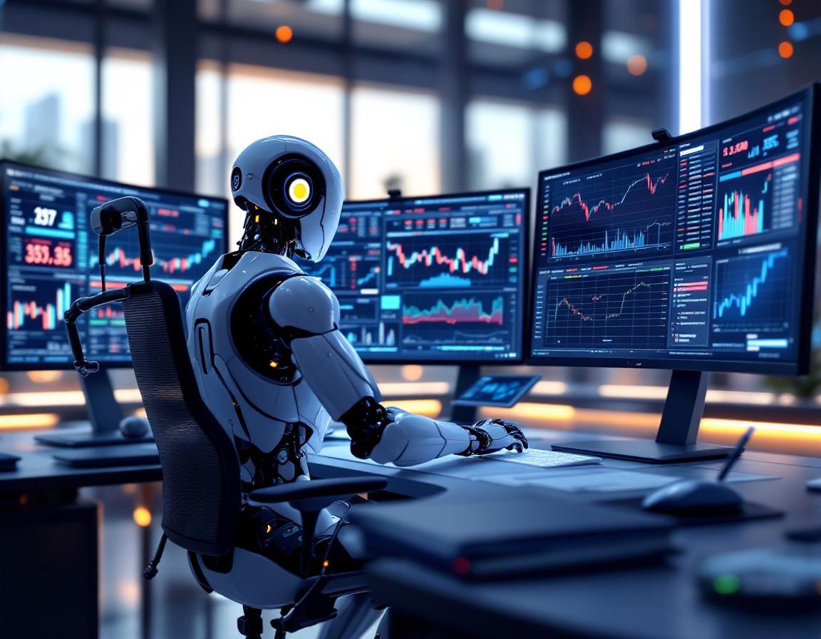A humanoid AI trading bot at a high-tech workstation analyzes market data on multiple screens in 3D.