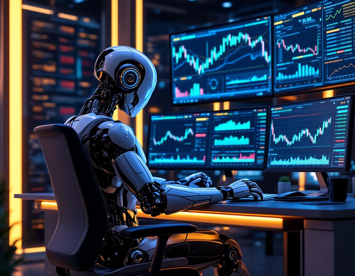 A hyper-realistic AI trading bot analyzes market data at a sleek workstation with multiple screens.