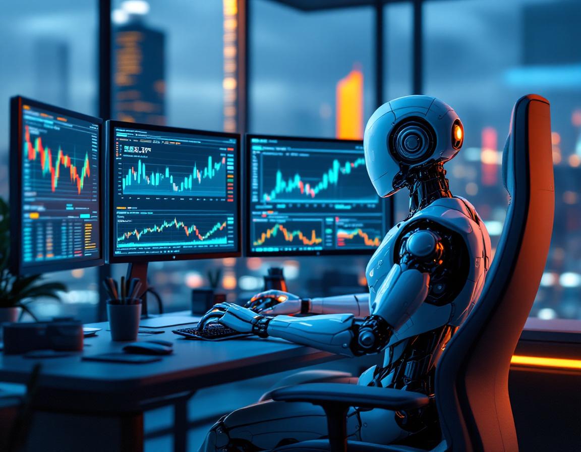 Hyper-realistic AI trading bot in a high-tech environment analyzing market data on multiple screens.