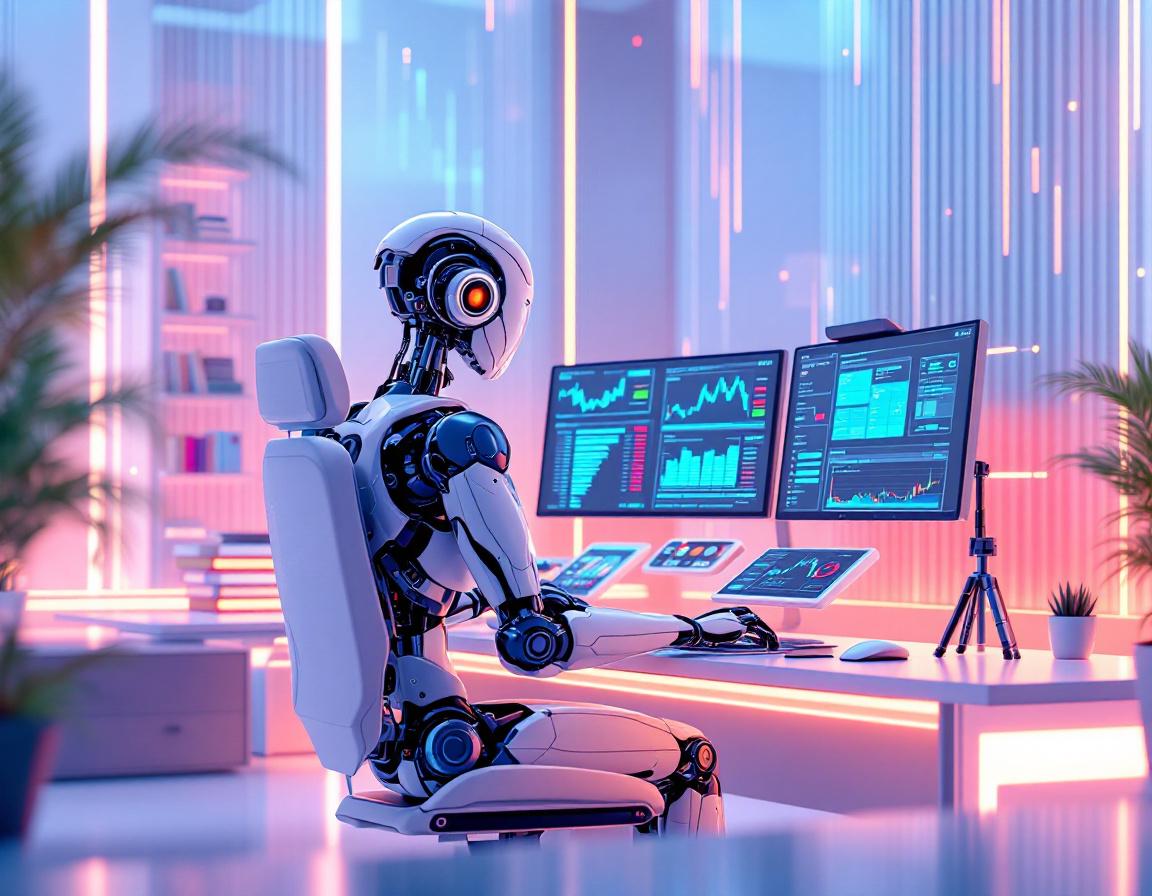A hyper-realistic AI trading bot in a futuristic setting, analyzing data on multiple screens.