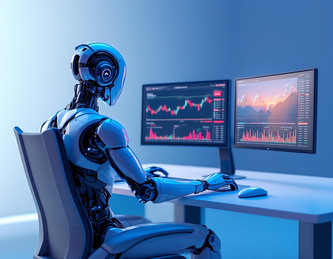 A hyper-realistic AI trading bot in a futuristic environment analyzing data on multiple screens.