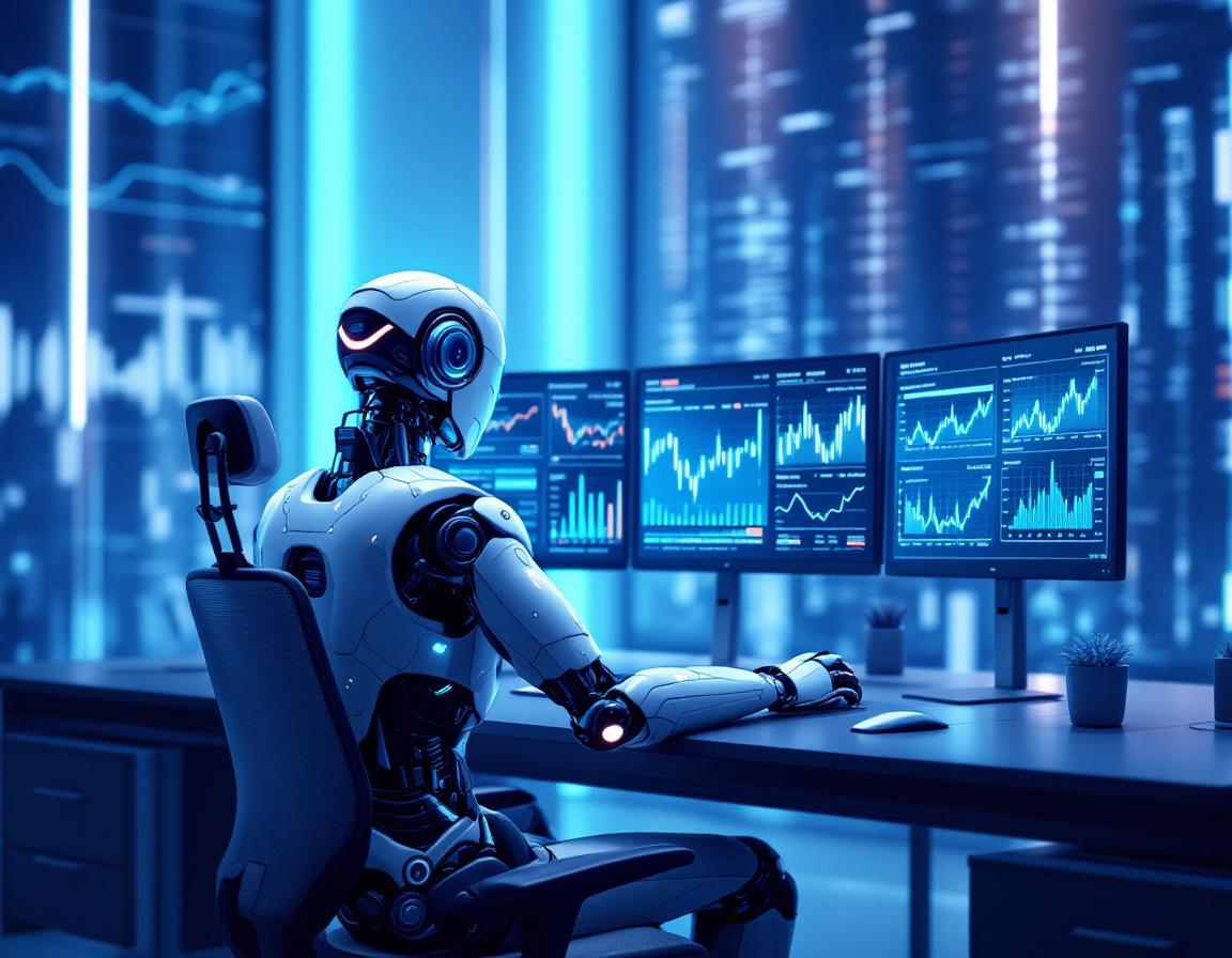 A humanoid AI trading bot at a high-tech workstation analyzing market data on multiple screens.