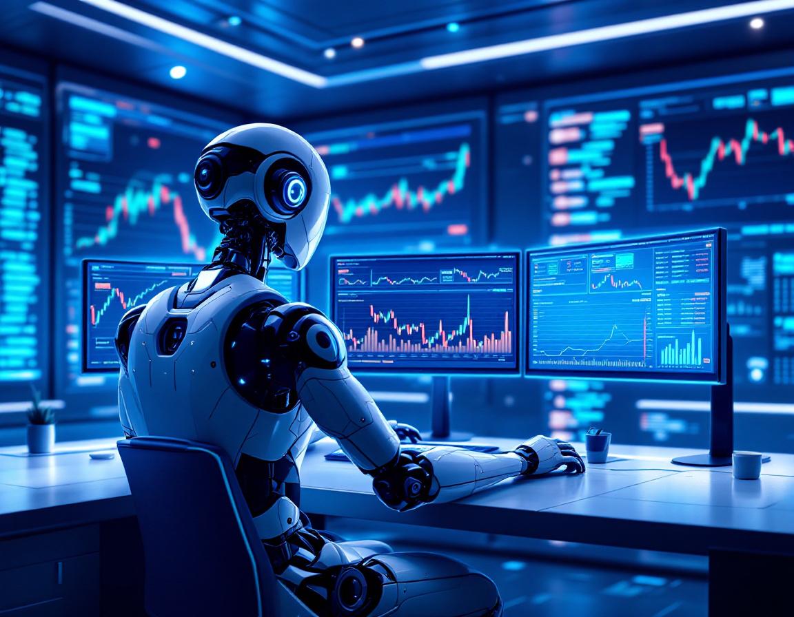 A hyper-realistic AI trading bot analyzing market data at a high-tech workstation with screens.