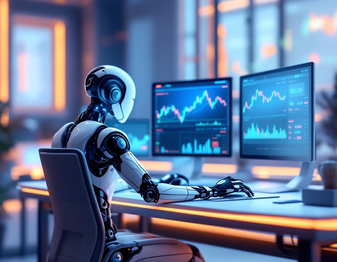 A hyper-realistic AI trading bot analyzes market data at a sleek workstation with multiple screens.