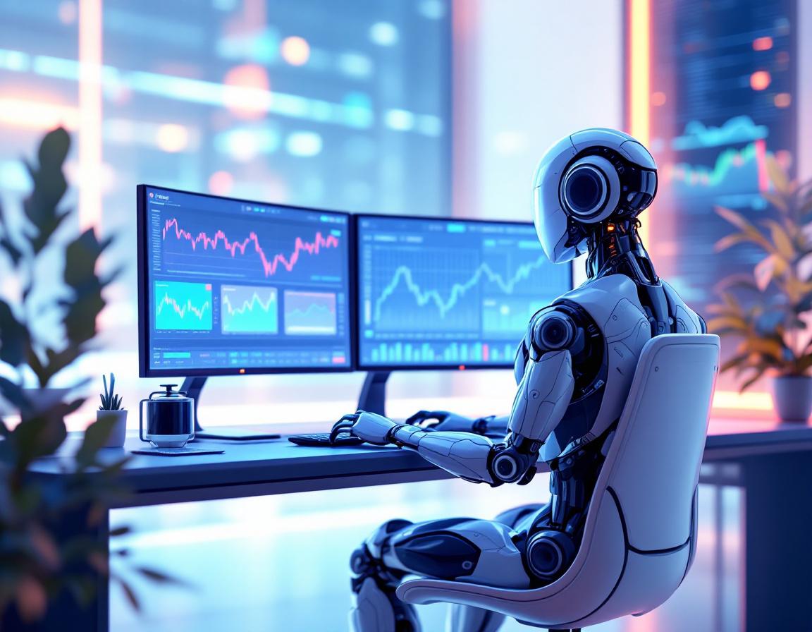 A sleek, humanoid AI trading bot at a high-tech workstation analyzing stock and crypto data trends.