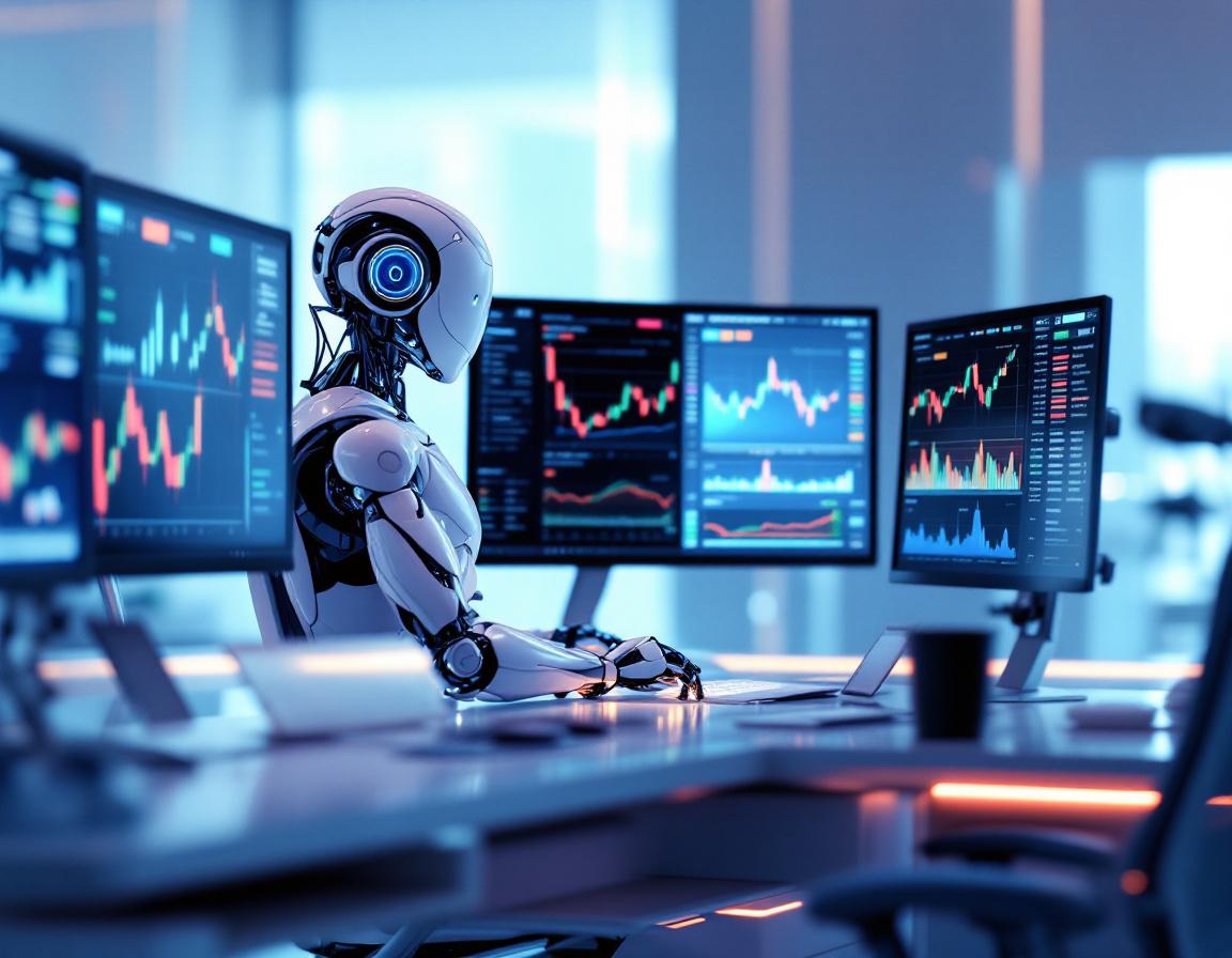 A hyper-realistic AI trading bot in a high-tech environment analyzing stock and crypto market data.