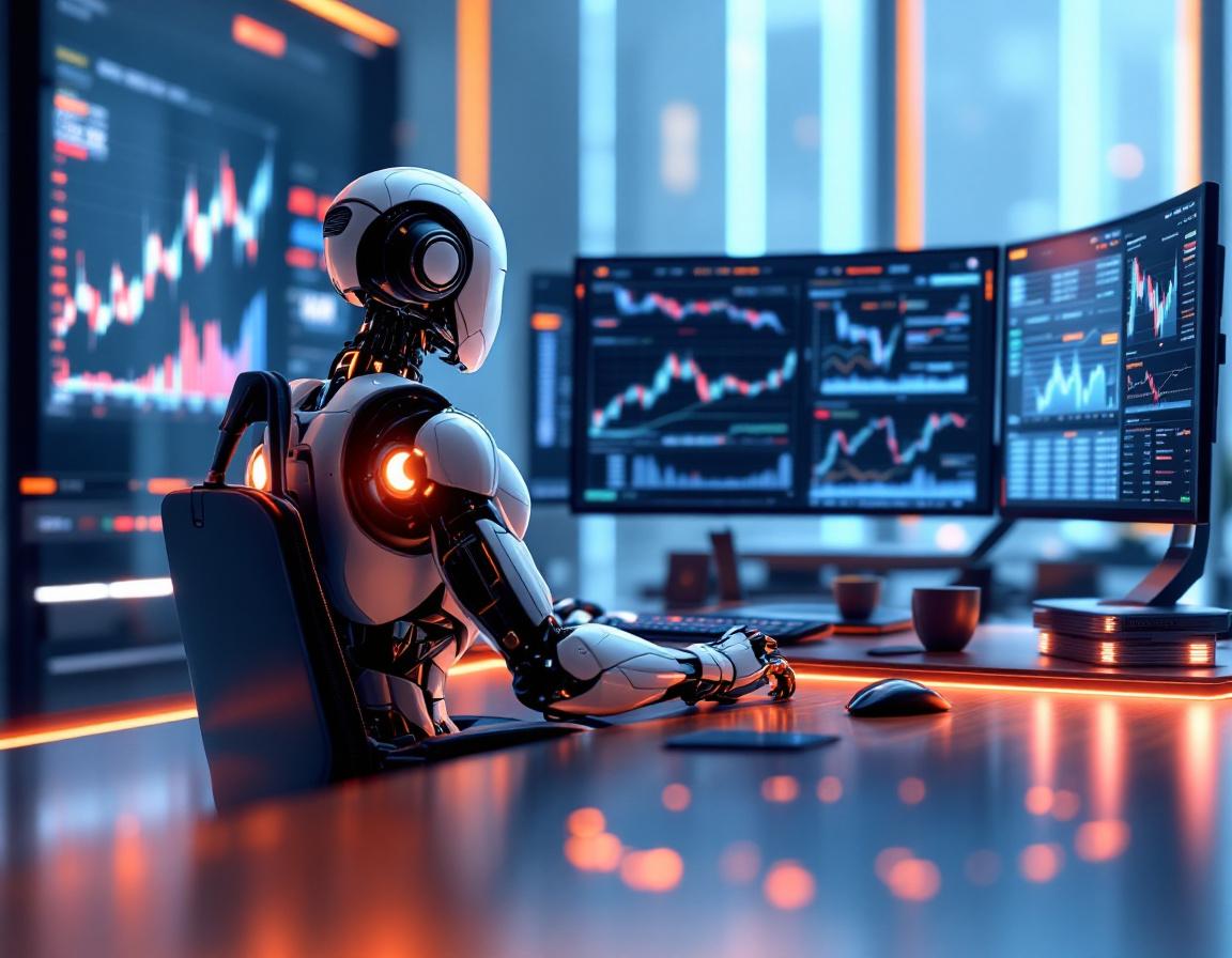A sleek AI trading bot at a futuristic workstation analyzing market data on multiple screens.