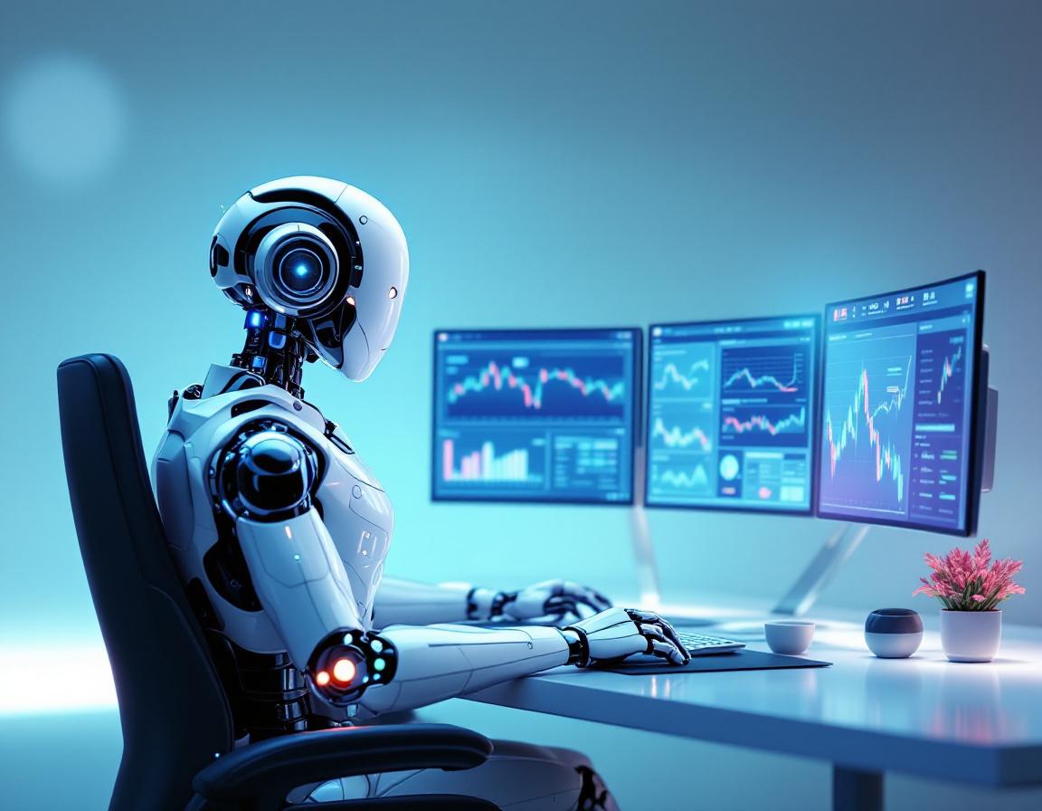 A humanoid AI trading bot at a workstation analyzing stock and crypto data on multiple screens.
