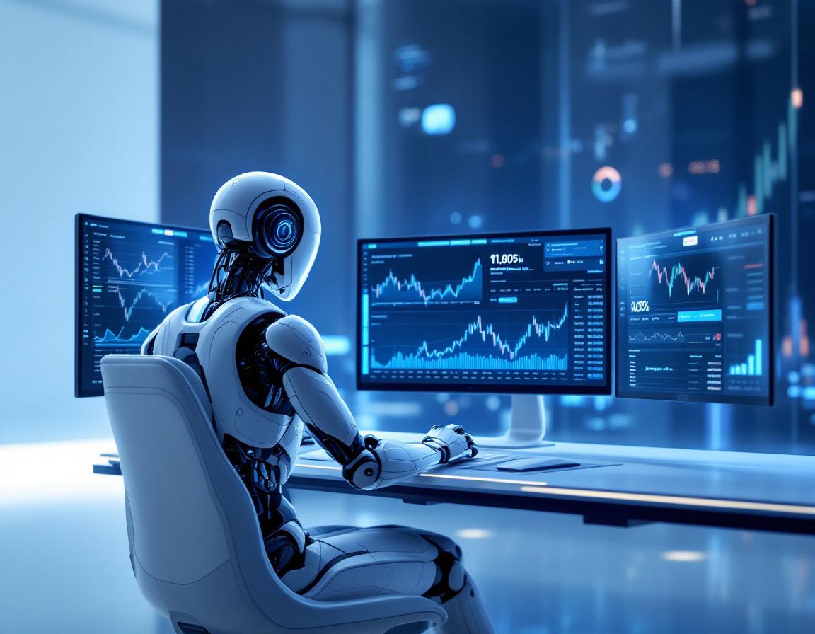 A hyper-realistic AI trading bot at a workstation, analyzing market data across multiple screens.