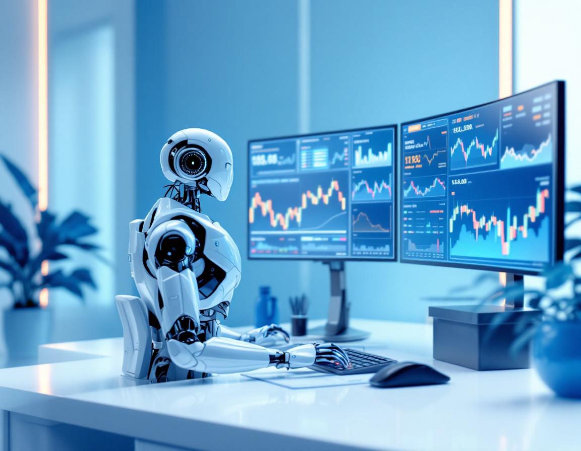 A humanoid AI trading bot at a high-tech workstation analyzing market data across multiple screens.